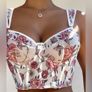 SHEIN Floral Print Bra - White and Pink